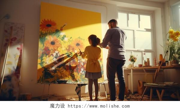一个年轻男人和他的女儿在绘画